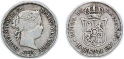 World Coins - Spain Kingdom 1865 10 Centimos de Escudo - Isabel II Silver (.810) Seville Mint 1.28g VF KM 627