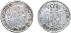 World Coins - Spain Kingdom 1865 40 Centimos de Escudo - Isabel II Silver (.810) Madrid Mint 5.14g AU KM 628
