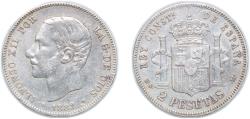 World Coins - Spain Kingdom 1882 *18-82 MSM 2 Pesetas - Alfonso XII Silver (.835) 9.9g VF KM 678 Cal 46