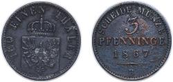 World Coins - Germany Kingdom of Prussia German states 1867 B 3 Pfennigs - William I Copper 4.47g VF AKS 106 Old/Mue 2 424, 427, 431 KM 482 Neum 17 Schr 162-188