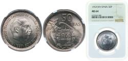 World Coins - Spain 1957 *59 50 Pesetas - Francisco Franco Copper-nickel (28000000) 12.5g NGC MS 64 KM 788 Cal 17 Schön 36