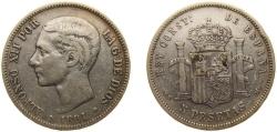 World Coins - Spain Kingdom 1881 *18-81 MSM 5 Pesetas - Alfonso XII (2nd portrait) Silver (.900) Madrid Mint (699000) 25g VF KM 676