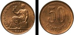 World Coins - Spain Second Republic 1937 *?-6 50 Centimos - II Republic Brass (90% copper, 10% zinc) Royal Mint of Spain (1000000) 6.03g UNC  Schön 20