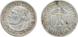 World Coins - Germany Third Reich 1933 A 2 Reichsmark (Martin Luther) Silver (.625) (541900) 7.99g XF KM 79 AKS 92 J 352 Schön DM 75