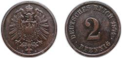 World Coins - Germany Second Empire 1874 C 2 Pfennig - Wilhelm I (type 1 - large shield) Copper Frankfurt am Main Mint (17474080) 3.25g VF KM 2 AKS 18 J 2 Schön DM 2 Neum 34