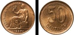 World Coins - Spain Second Republic 1937 36 50 Centimos - II Republic Brass (90% copper, 10% zinc) Royal Mint of Spain (1000000) 5.73g UNC  Schön 20
