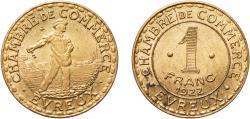 World Coins - France Evreux, Commune of Third Republic 1922 1 Franc Brass Thévenon & Co. Mint 4.58g AU  Élie mon 10.4