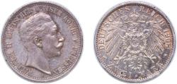 World Coins - Germany Kingdom of Prussia German states 1908 A 2 Mark - William II Silver (.900) (Ag 900, Cu 100) (2389550) 11.11g AU KM 522 J 102 AKS 134 Neum 12