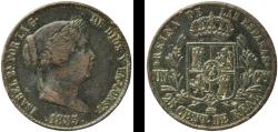 World Coins - Spain Kingdom 1855 25 Centimos de Real - Isabel II Copper Barcelona Mint 9.74g VF  KM 615 Cal 587