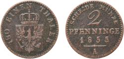 World Coins - Germany Kingdom of Prussia German states 1855 A 2 Pfenninge - Friedrich Wilhelm IV Copper Berlin Mint 2.91g VF  AKS 91 Olding FR 336, 349 Jaeg 9 Pr 51 KM 452 Neum Pruss/Kön 37, 50