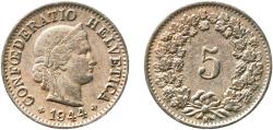 World Coins - Switzerland Federal State 1944 B 5 Rappen (Libertas; copper-nickel) Copper-nickel (75% copper, 25% nickel, non-magnetic) Bern Mint (9981000) 2.01g XF  HMZ 2 1212 Divo/Tob19 319 KM