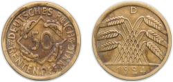 World Coins - Germany Germany - 1871-1948 Weimar Republic 1924 D 50 Rentenpfennig Aluminium bronze Munich Mint (30970627) 5.17g AU KM 34 AKS 38 J 310 Schön DM 33