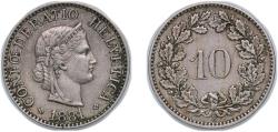 World Coins - Switzerland Federal State 1881 B 10 Rappen (Libertas; copper-nickel) Copper-nickel (3000000) 3g XF HMZ 2 1210 Divo/Tob19 314 KM 27 Schön 25 Y 24