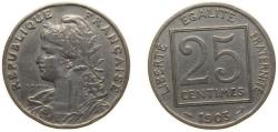 World Coins - France Third Republic 1903 25 Centimes Nickel Paris Mint (16000000) 7g XF F 168 Gad 362 Schön 184 KM 855