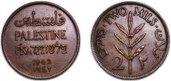 World Coins - British Palestine British Mandate 1942 2 Mils Bronze (95.5% Copper, 3% Tin, 1.5% Zinc) (2400000) 7.79g XF  KM 2 Schön 2 Aharoni 2