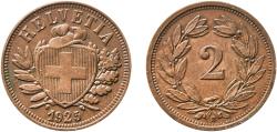 World Coins - Switzerland Federal State 1925 B 2 Rappen (Wreath; bronze; light type) Bronze (95% copper, 4% tin, 1% zinc) Bern Mint (1250000) 2.44g AU  HMZ 2 1213 Divo/Tob19 323 KM 4 Schön 16 Y