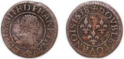 World Coins - France Kingdom 1638 Double Tournois - Louis XIII Copper 2.85g VF