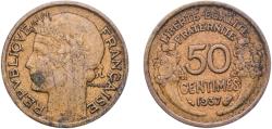 World Coins - France Third Republic 1937 50 Centimes Copper-aluminium Paris Mint (43950032) 1.9g VF  Franc 2014 192 KM 894 Gad 1789 423 GEM 84.1 / 84.2 KM 894.1 KM 894.2