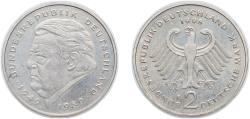 World Coins - Germany Federal Republic of Germany 1998 F 2 Deutsche Mark (Franz Josef Strauss) Copper-nickel clad nickel Staatliche Münze Baden-Württemberg Mint (70000) 7g UNC KM 175 J 450 Schö