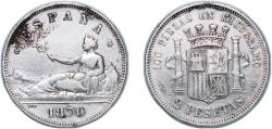 World Coins - Spain Provisional Government 1870 *18-70 SNM 2 Pesetas - Provisional Government Silver (.835) Royal Mint of Spain (1503872) 9.8g VF KM 654