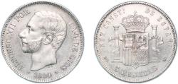 World Coins - Spain Kingdom 1884 *18-84 MSM 5 Pesetas - Alfonso XII (3rd portrait) Silver (.900) Madrid Mint (5847819) 24.84g AU  KM 688 Cal 34