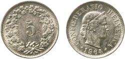 World Coins - Switzerland Federal State 1964 B 5 Rappen (Libertas; copper-nickel) Copper-nickel (75% copper, 25% nickel, non-magnetic) Bern Mint (17080000) 1.96g UNC  HMZ 2 1212 Divo/Tob19 319