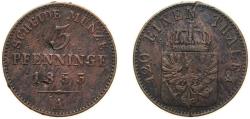 World Coins - Germany Kingdom of Prussia German states 1853 A 3 Pfenninge - Friedrich Wilhelm IV Copper Berlin Mint 4.567g VF KM 453 AKS 90 J 52 Neum 35 Schr 186-282