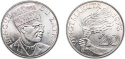 World Coins - Zaire (1971-1997) Republic 1973 20 Makuta Copper-nickel (75% Copper, 25% Nickel) Munich Mint (10000000) 13.08g UNC KM 8 Schön 55