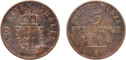 World Coins - Germany Kingdom of Prussia German states 1864 A 3 Pfenninge - William I Copper Berlin Mint 4.19g VF  AKS 106 Old/Mue 2 424, 427, 431 KM 482 Neum 17 Schr 162-188