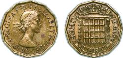 World Coins - Great Britain United Kingdom 1966 3 Pence - Elizabeth II (1st portrait; without 'BRITT:OMN') Nickel brass (53760000) 6.86g XF KM 900 Sp 4153