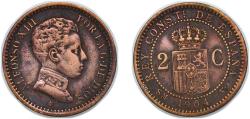 World Coins - Spain Kingdom 1904 *04 SMV 2 Centimos - Alfonso XIII (4th portrait) Bronze (95% copper, 4% tin, 1% zinc) Madrid Mint (10000000) 1.87g XF KM 722 Cal 67