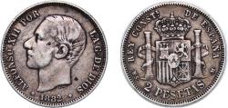 World Coins - Spain Kingdom 1882 *18-82 MSM 2 Pesetas - Alfonso XII Silver (.835) Madrid Mint (20342803) 10g VF KM 678 Cal 46
