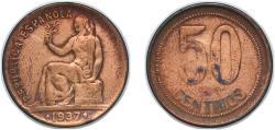 World Coins - Spain Second Republic 1937 50 Centimos - II Republic Brass (90% copper, 10% zinc) Royal Mint of Spain 5.86g VF KM 754 Cal 3 Schön 20