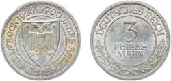 World Coins - Germany - 1871-1948 Weimar Republic 1926 A 3 Reichsmark (Lübeck) Silver (.500) (200000) 15.13g AU KM 48 J 323