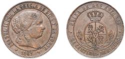 World Coins - Spain Kingdom 1867 OM 2½ Centimos de Escudo - Isabel II Bronze Jubia Mint 5.97g AU KM 634 Cal 638