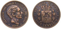 World Coins - Spain Kingdom 1879 OM 10 Centimos - Alfonso XII Bronze (95% copper, 4% tin, 1% zinc) Barcelona Mint (56313000) 10g VF KM 675