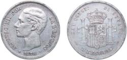 World Coins - Spain Kingdom 1878 *18-78 DEM 5 Pesetas - Alfonso XII (2nd portrait) Silver (.900) 24.9g VF KM 676 Cal 28