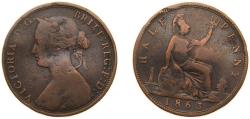 World Coins - Great Britain United Kingdom 1863 ½ Penny - Victoria (2nd portrait; 1st type) Bronze Royal Mint (Tower Hill) 5.3g VF KM 748 Sp 3956
