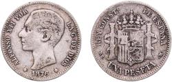 World Coins - Spain Kingdom 1876 DEM 1 Peseta - Alfonso XII (1st portrait) Silver (.835) Royal Mint of Spain (4427000) 4.85g VF  KM 672 Cal 54