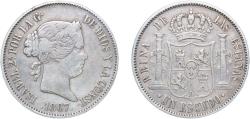 World Coins - Spain Kingdom 1867 1 Escudo - Isabel II Silver (.900) Madrid Mint 12.86g VF KM 626