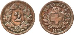 World Coins - Switzerland Federal State 1875 B 2 Rappen (Wreath; bronze; light type) Bronze (95% copper, 4% tin, 1% zinc) Bern Mint (984000) 2.31g VF  HMZ 2 1213 Divo/Tob19 323 KM 4 Schön 16 Y
