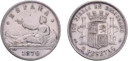 World Coins - Spain Provisional Government 1870 *18-74 DEM 2 Pesetas - Provisional Government Silver (.835) Madrid Mint (11879646) 9.93g XF  KM 654