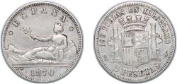 World Coins - Spain Provisional Government 1870 *18-70 SNM 2 Pesetas - Provisional Government Silver (.835) Madrid Mint (1503872) 9.85g VF KM 654