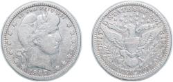 Us Coins - United States Federal republic 1907 ¼ Dollar "Barber Quarter" Silver (.900) (.100 copper) (7132000) 6.25g VF KM 114 Schön 121