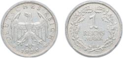 World Coins - Germany Germany - 1871-1948 Weimar Republic 1925 E 1 Reichsmark Silver (.500) (6460000) 4.89g XF KM 44 AKS 35 J 319 Schön DM 43