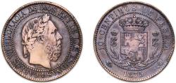 World Coins - Spain Kingdom 1875 OT 10 Centimos - Carlos VII (pretender) Bronze (95% copper, 4% tin, 1% zinc) (100000) 9.64g VF  KM 670 Cal 8