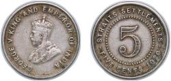 World Coins - British Malaysia Straits Settlements British colony 1920 5 Cents - George V Copper-nickel Mumbai / Bombay Mint (20000000) 3.95g VF KM 34