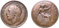 World Coins - Great Britain United Kingdom 1916 1 Penny - George V Bronze Royal Mint (Tower Hill) (86411100) 9.45g VF KM 810 Sp 4051-3