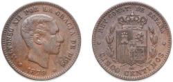 World Coins - Spain Kingdom 1879 OM 5 Centimos - Alfonso XII Bronze (54994000) 4.78g AU KM 674 Cal 70