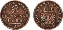 World Coins - Germany Kingdom of Prussia German states 1864 A 2 Pfenninge - William I Copper Berlin Mint 2.95g VF  AKS 107 Old/Mue 2 425, 428, 432 KM 481 Neum 18 Schr 189-210